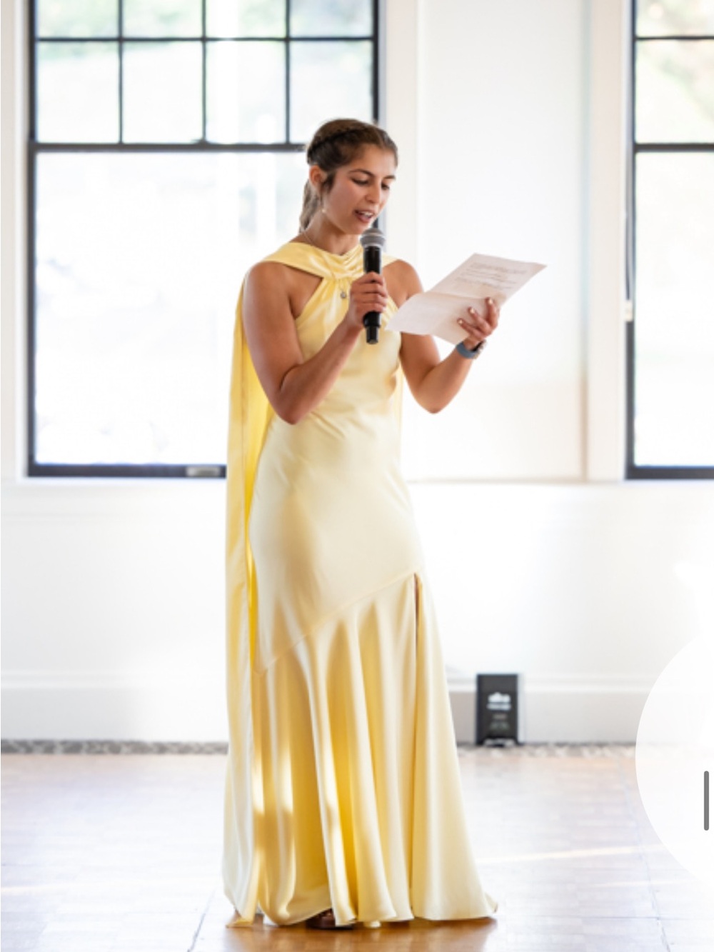 Lemon Sorbet Satin Cape Halter Eileen Matte Slit Dress